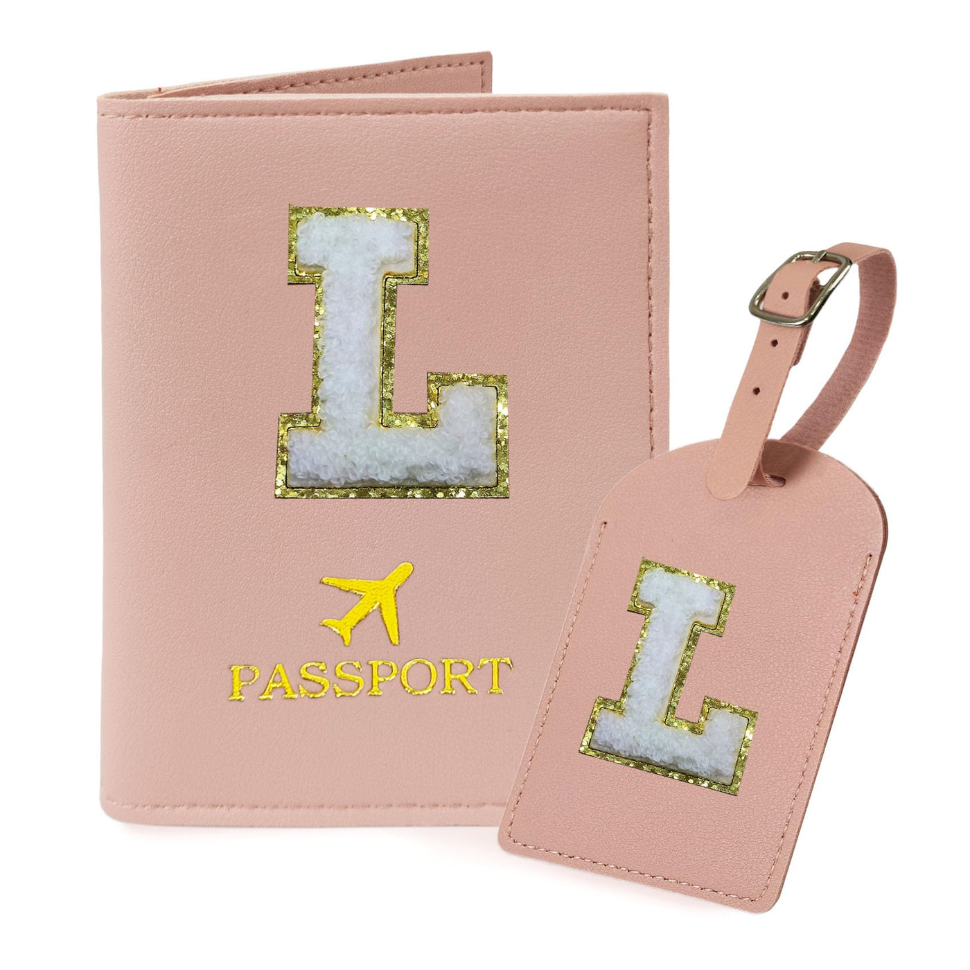 COSHAYSOO Purple Passport Cover Holder and Initial Luggage Tag Set TSA Approved with Personalized Monogram Chenille Letter Patch for Women Teen Girls, Cute Travel Bag Suitcase Identifier (A)