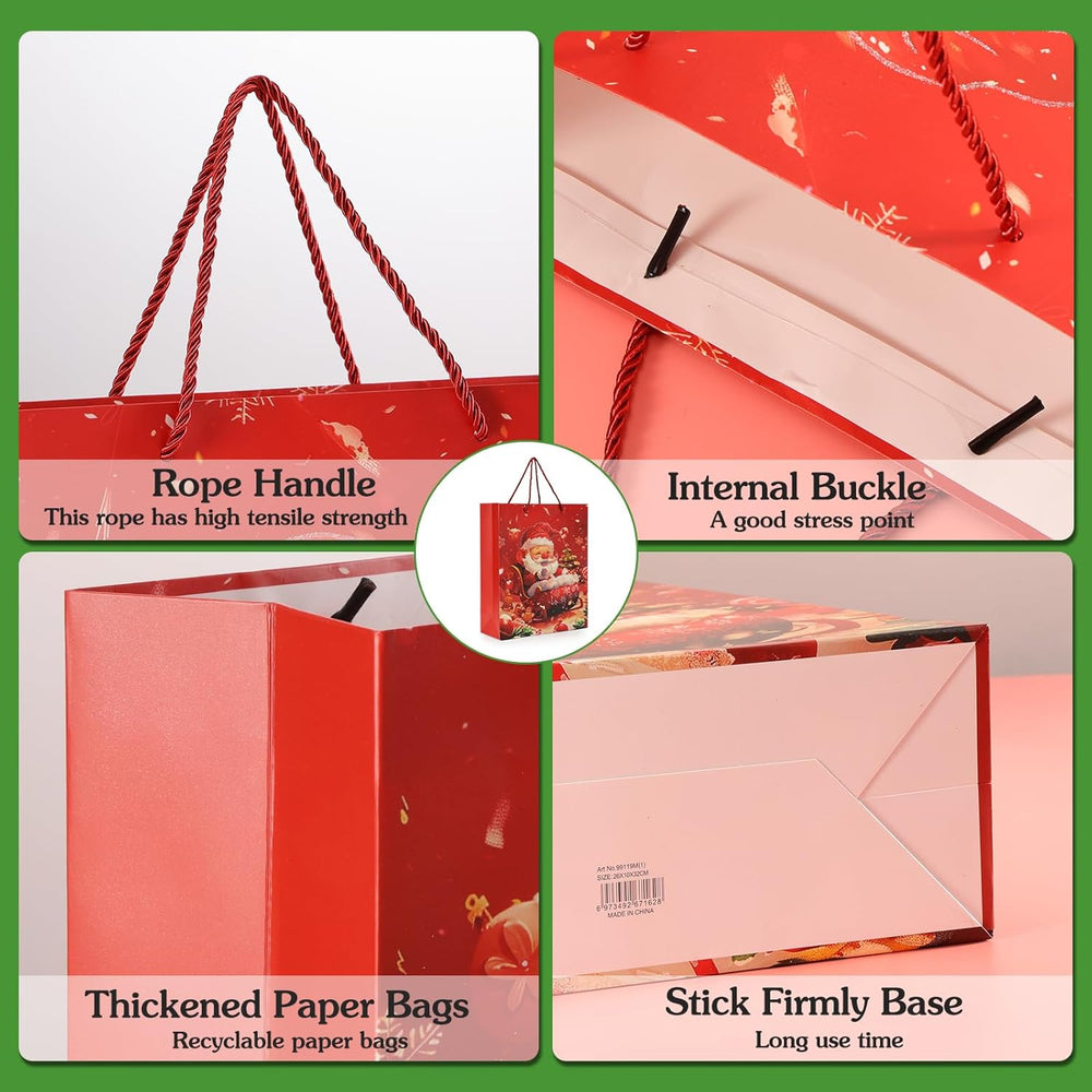 Rusikia 12 Christmas Gift Bags with 12 Tissues and 1 Satin Ribbon - Large | Party Favor Bags, Bulk with Handles,Glittery Cute Tree Father Christmas Paper Bag, for Wrapping Holiday, Red, 16"x12"x5"