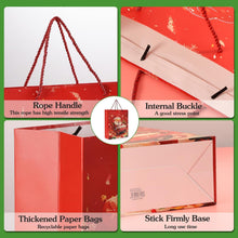 Rusikia 12 Christmas Gift Bags with 12 Tissues and 1 Satin Ribbon - Large | Party Favor Bags, Bulk with Handles,Glittery Cute Tree Father Christmas Paper Bag, for Wrapping Holiday, Red, 16"x12"x5"