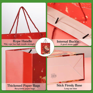 Rusikia 12 Christmas Gift Bags with 12 Tissues and 1 Satin Ribbon - Large | Party Favor Bags, Bulk with Handles,Glittery Cute Tree Father Christmas Paper Bag, for Wrapping Holiday, Red, 16"x12"x5"