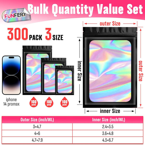 Funfery 300 Pack 3 Size Mylar Holographic Bags with Clear Window,Resealable Bag Smell Proof Bags Zipper Foil Baggie Packaging Pouch for Food Storage,Sample,Small Business(Black,3x4.7,4x6,4.7x7.9in) - hover image