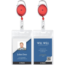 Will Well ID Badge Holders with Clip and Keyring - Vertical Clear Plastic 2.52" x 3.58" Sleeves Fit Up to 3 Cards - Retractable 24" UHMWPE Fiber Pull Cords for Easy Access - 2-Pack, Black Reels