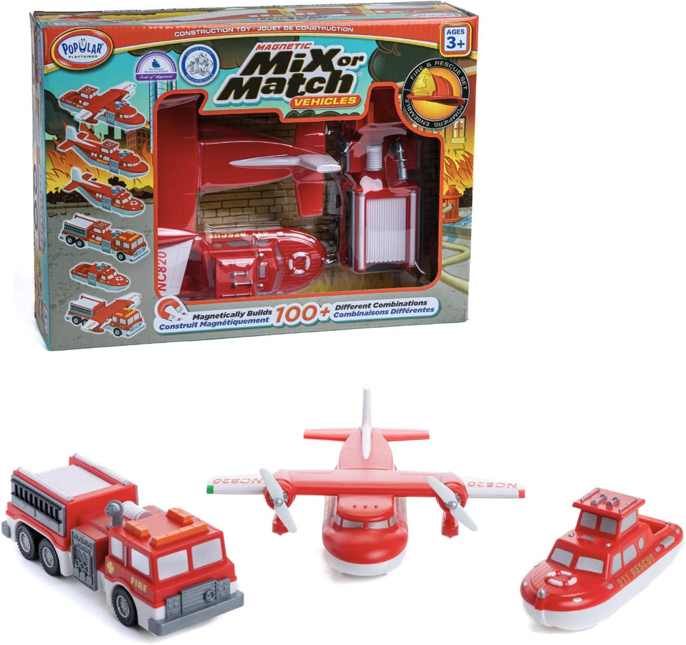 POPULAR PLAYTHINGS Magnetic Vehicles for Toddlers 1-3, Mix or Match Car Toys, Set of 3 Gift for Kids - Vehicles, Fire & Rescue, Red and White
