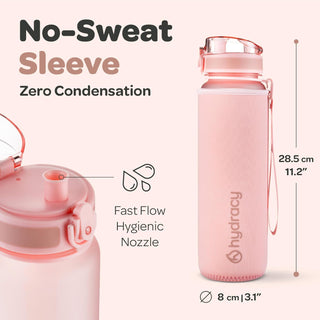 Hydracy Water Bottle with Time Marker -Large BPA Free Water Bottle & No Sweat Sleeve -Leak Proof Gym Bottle with Times to Drink - Ideal for Fitness Sports & Outdoors