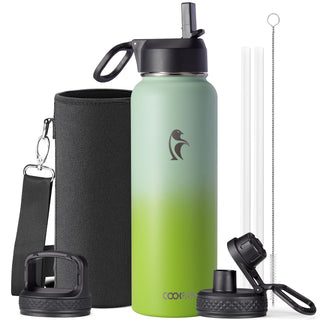 Water Bottle 40 oz Insulated with Straw&Brush, Coolflask Vaccum Stainless Steel Metal 3 Lids Water Flask for Sports, Gym or Office, Keep Cold 48H Hot 24H, Magic Black
