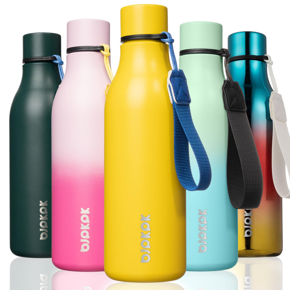 BJPKPK Insulated Water Bottles, 18 oz Stainless Steel Metal Water Bottle with Strap, BPA Free Leak Proof Jugs, Mugs, Flasks, Reusable Thermal Flasks for Sports & Travel, Orange