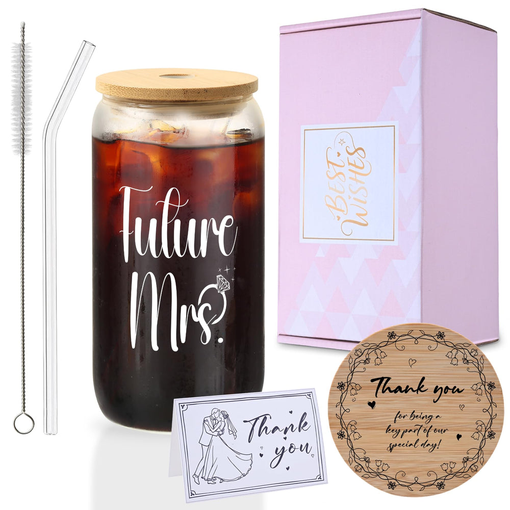 Mr. & Mrs. Glass Tumbler Set, 16oz Glass Cups with Bamboo Lids, Straws & Coasters, Bridal Shower & Wedding Thank You Gift for Couples