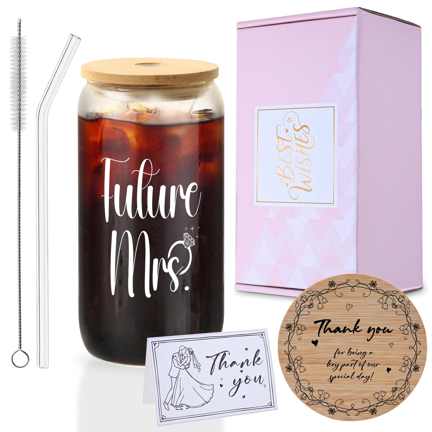 Mr. & Mrs. Glass Tumbler Set, 16oz Glass Cups with Bamboo Lids, Straws & Coasters, Bridal Shower & Wedding Thank You Gift for Couples