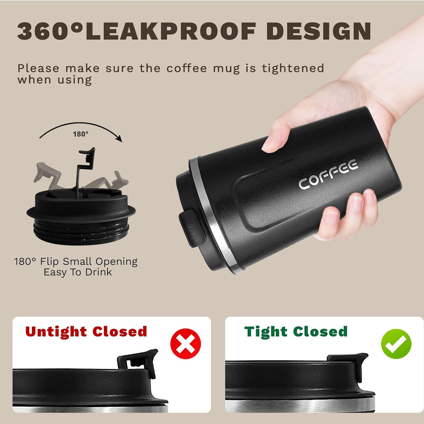 SPLMIFA Travel coffee mugs leak-proof, reusable coffee cups with lids, stainless steel vacuum insulated coffee tumblers, thermal insulation cups for men & women keep drinks hot & cold(2nd-Black, 12OZ)