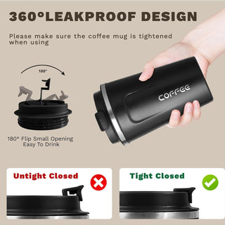 SPLMIFA Travel coffee mugs leak-proof, reusable coffee cups with lids, stainless steel vacuum insulated coffee tumblers, thermal insulation cups for men & women keep drinks hot & cold(2nd-Black, 12OZ)