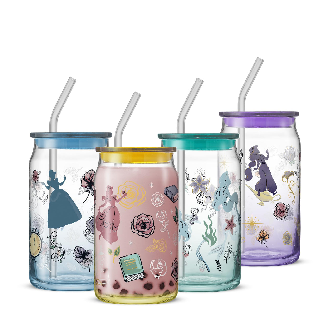 JoyJolt Harry Potter House Crests Glass Tumblers with Lids and Straws, 16oz Glass Cups with Lids and Straws, Can Shaped Drinking Glasses Set of 4, Hogwarts Cup, Harry Potter Merchandise
