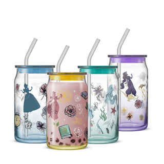 JoyJolt Harry Potter House Crests Glass Tumblers with Lids and Straws, 16oz Glass Cups with Lids and Straws, Can Shaped Drinking Glasses Set of 4, Hogwarts Cup, Harry Potter Merchandise