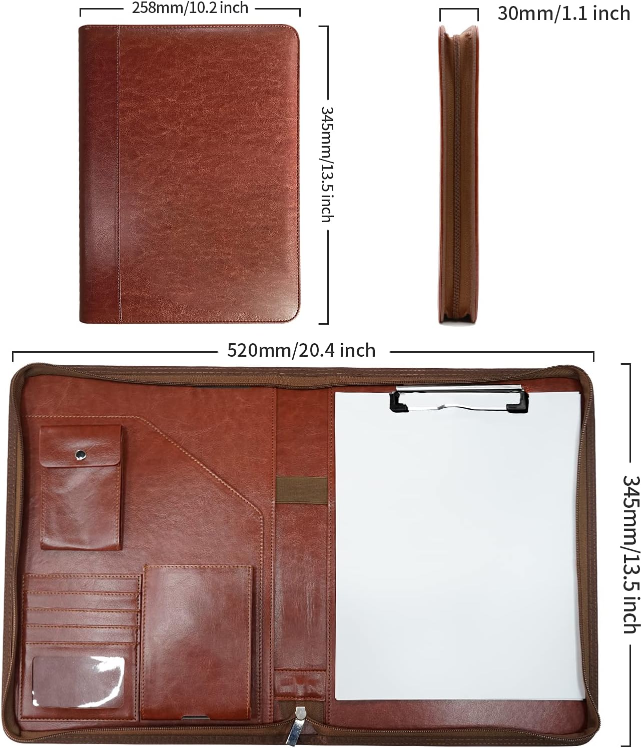 Zippered Padfolio Organizer, WRIYES Leather Planner Binder, 10.2 Inch Portfolio Folder for Documents, Letter Size Business Card Holder for Men&Women (Brown)