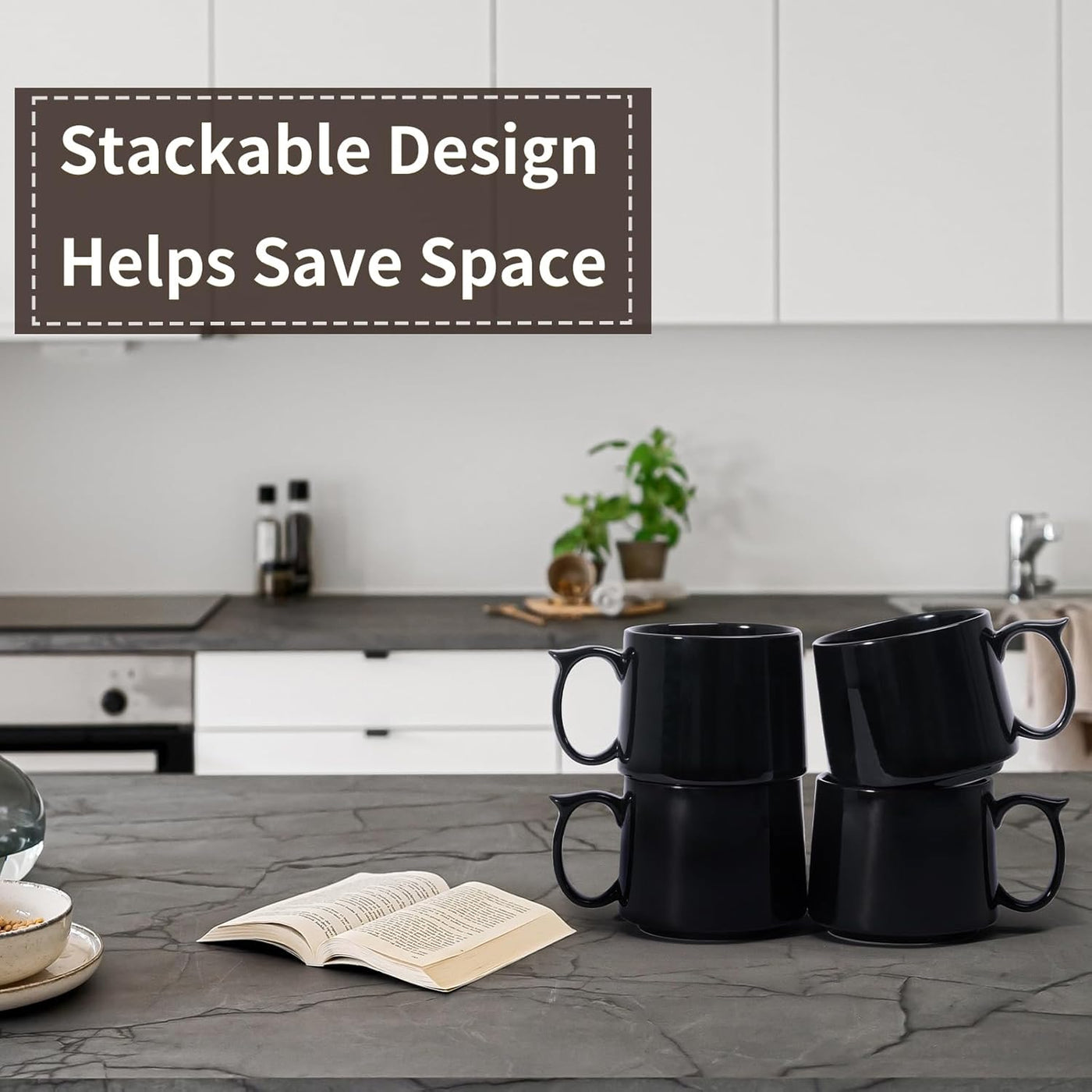 Coffee Mugs Gift Set of 4, Large 19 oz Stackable Ceramic Coffee Mug, Coffee Cups with Large Handle for Latte, Cappuccino, Milk, Tea, Dishwasher & Microwave Safe, Ideal for Men, Women - Black