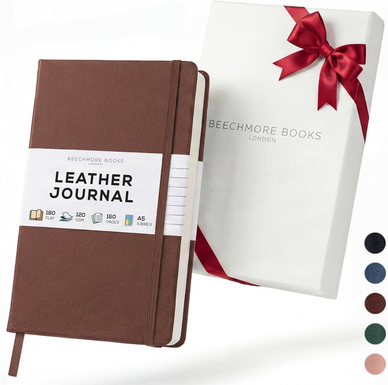 BEECHMORE BOOKS Premium Lined Leather Journal for Men & Women, 5" x 8" (A5) Thick 120gsm Ivory Cream Paper Notebook, Hardcover Vegan Leather Personal Diary, With Gift Box (Chestnut Brown)