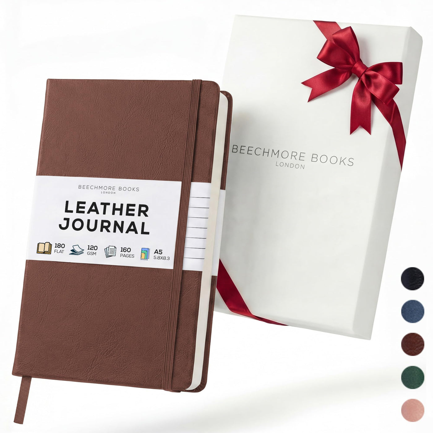 BEECHMORE BOOKS Premium Lined Leather Journal for Men & Women, 5" x 8" (A5) Thick 120gsm Ivory Cream Paper Notebook, Hardcover Vegan Leather Personal Diary, With Gift Box (Chestnut Brown)