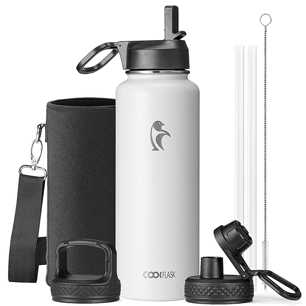 Water Bottle 40 oz Insulated with Straw&Brush, Coolflask Vaccum Stainless Steel Metal 3 Lids Water Flask for Sports, Gym or Office, Keep Cold 48H Hot 24H, Magic Black