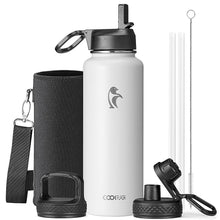 Water Bottle 40 oz Insulated with Straw&Brush, Coolflask Vaccum Stainless Steel Metal 3 Lids Water Flask for Sports, Gym or Office, Keep Cold 48H Hot 24H, Magic Black