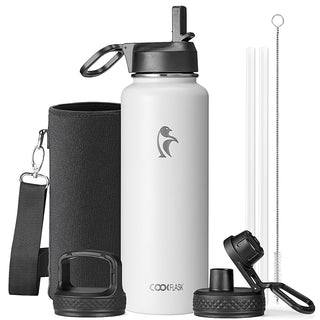 Water Bottle 40 oz Insulated with Straw&Brush, Coolflask Vaccum Stainless Steel Metal 3 Lids Water Flask for Sports, Gym or Office, Keep Cold 48H Hot 24H, Magic Black