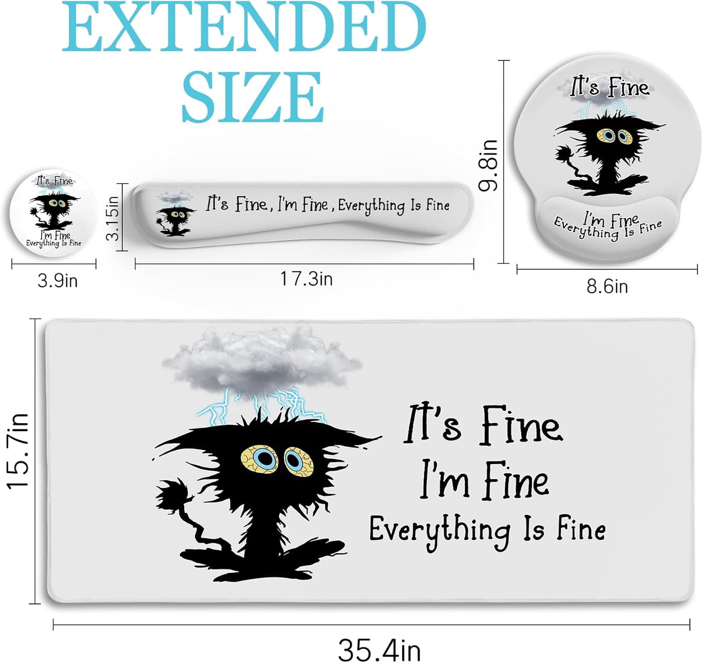 LIMKRIAN Desk Mat Set, Large Gaming Mouse Pad with Wrist Rest, Ergonomic Mouse Pad Keyboard Mat Wrist Support, Cup Coaster, Home Office Desk Accessories Decor Supplies, Funny Black Cat