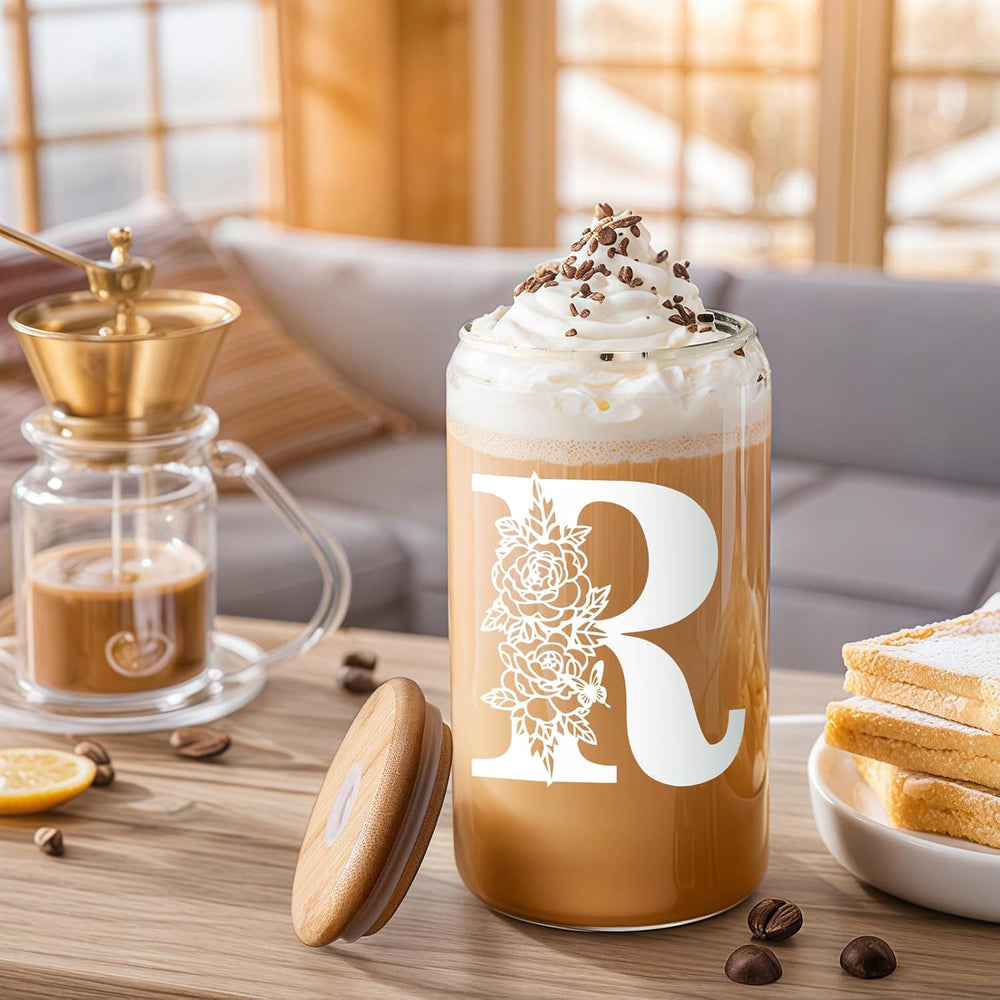 DWTS DANWEITESI Birthday Gifts for Women: Initial Glass Cup as Office Graduation Memorial Holiday Personalized Gifts - for Teacher Employee Nurse Coworkers Bridesmaid Bride - R Aesthetic Cup