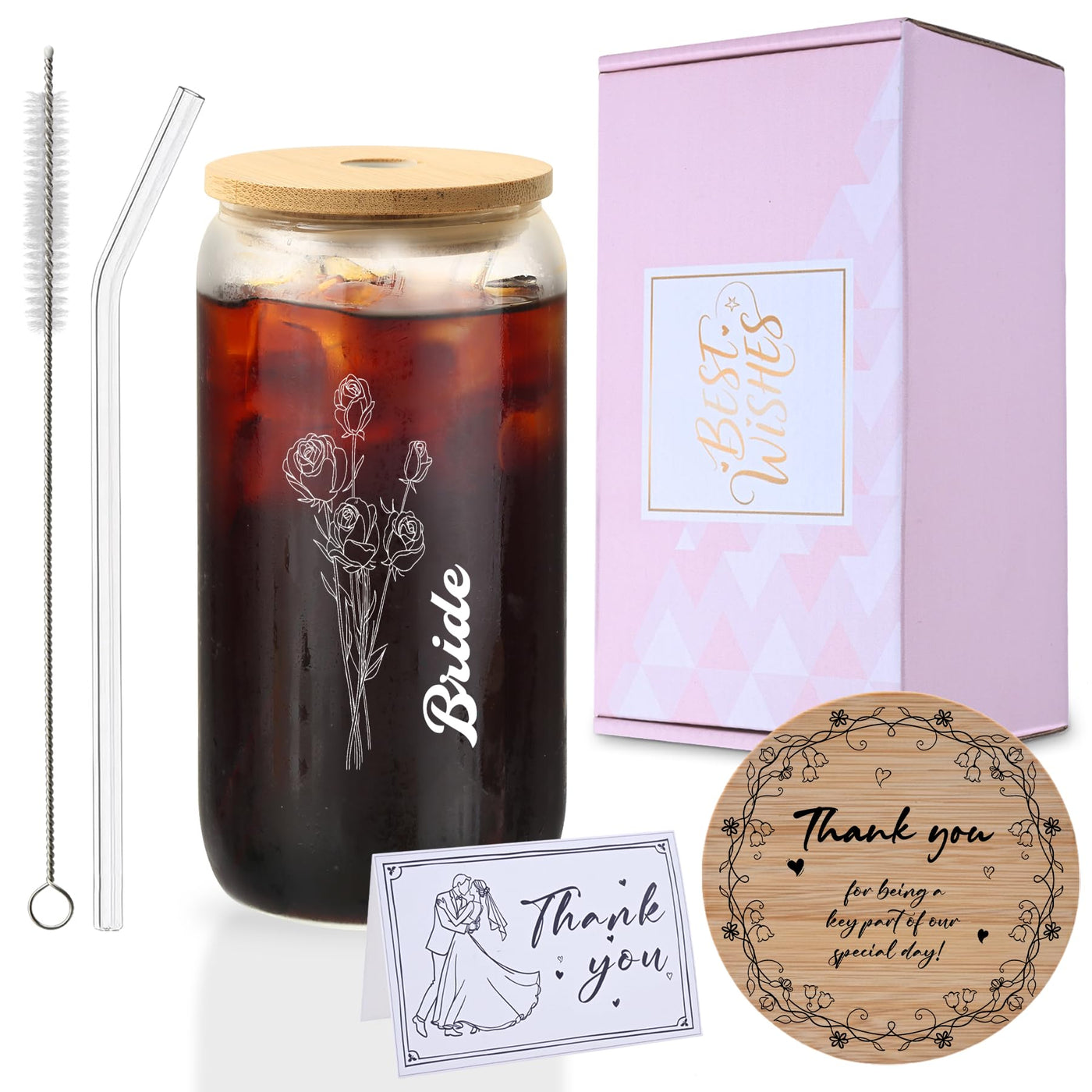Mr. & Mrs. Glass Tumbler Set, 16oz Glass Cups with Bamboo Lids, Straws & Coasters, Bridal Shower & Wedding Thank You Gift for Couples