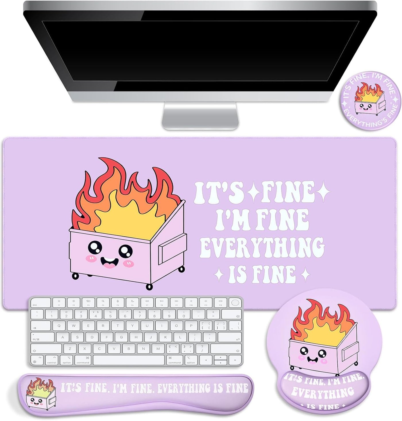 Kingdder 4 Pcs Dumpster Mouse Pad Kit Mouse Wrist Rest, Purple Funny Cute Fire Large Desk Mat, Keyboard Wrist Rest, Coaster, Ergonomic Desk Mat Gaming Work Home Office Accessories Supplies Decor