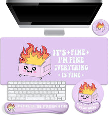 Kingdder 4 Pcs Dumpster Mouse Pad Kit Mouse Wrist Rest, Purple Funny Cute Fire Large Desk Mat, Keyboard Wrist Rest, Coaster, Ergonomic Desk Mat Gaming Work Home Office Accessories Supplies Decor