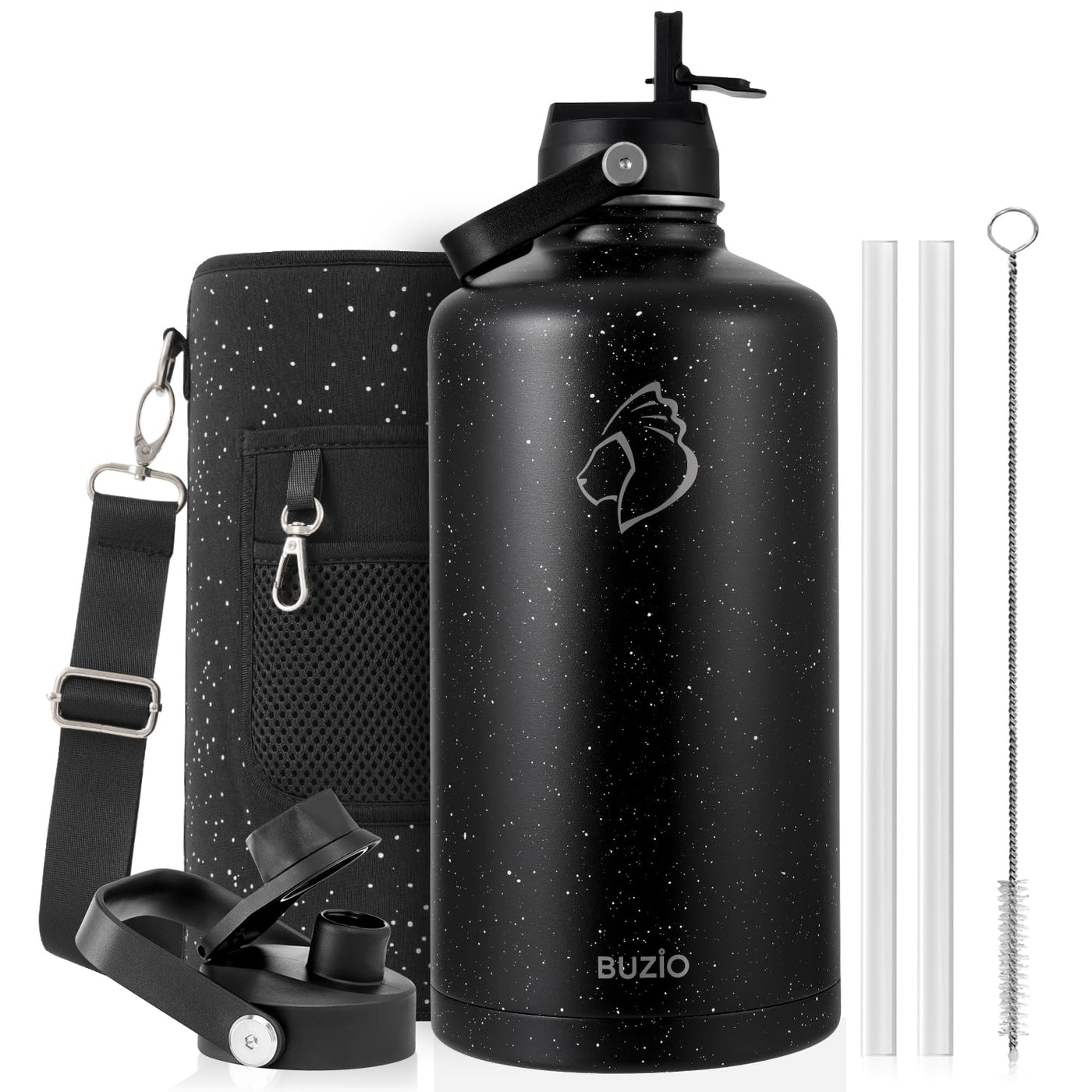 BUZIO 40oz Insulated Water Bottle, Triple Wall Vacuum Stainless Steel Water Flask with 2 lids, Lead-Free BPA-Free Straw Lid Sports Canteen Jug, Cold 48H & Hot 24H- Black