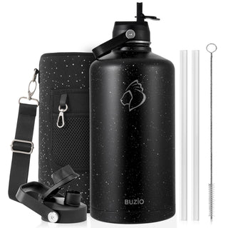 BUZIO 40oz Insulated Water Bottle, Triple Wall Vacuum Stainless Steel Water Flask with 2 lids, Lead-Free BPA-Free Straw Lid Sports Canteen Jug, Cold 48H & Hot 24H- Black