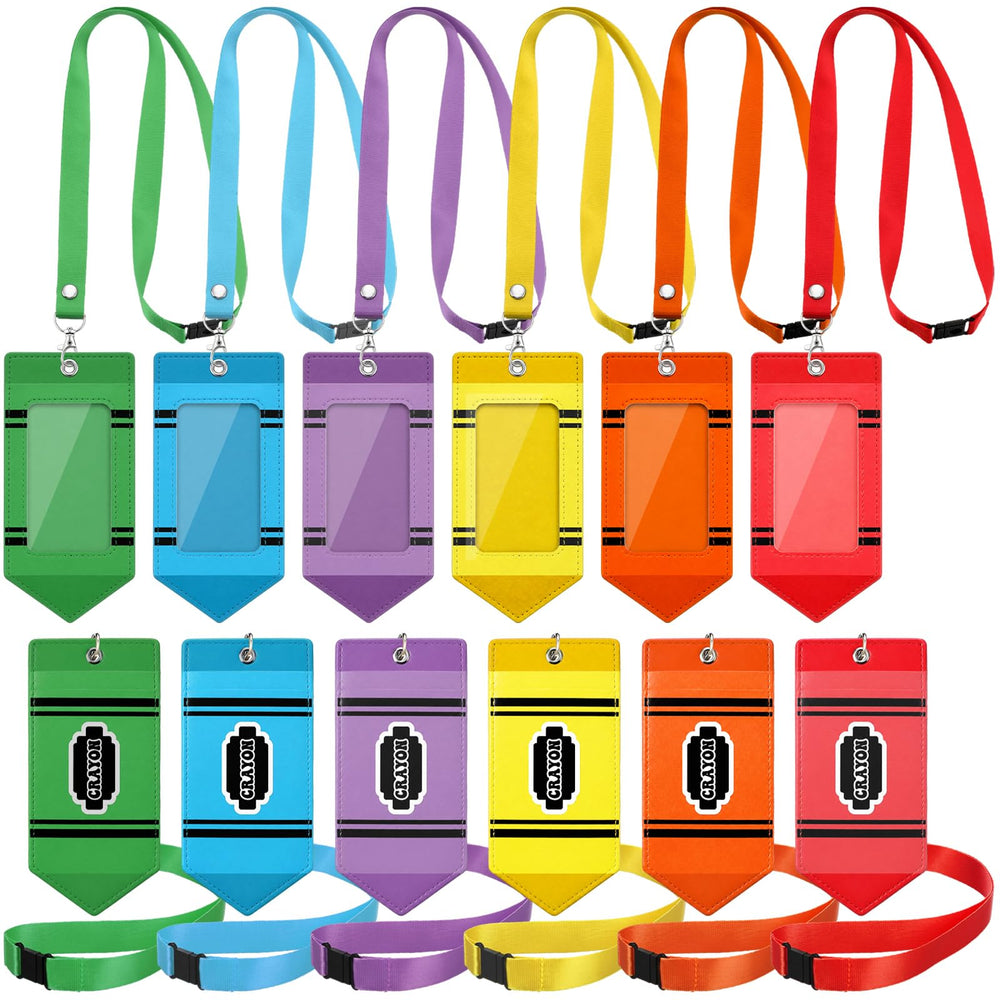 Harloon 6 Pcs Teacher ID Badge Holder with Lanyard Back to School Teacher Gifts Bulk PU Cute Composition Notebook Pencil Crayon Apple ID Badge Holder for First Day of School Stuff Office Gifts Decor