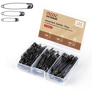 XKDOUS 3 Most Universal Safety Pins Assorted Sizes, Small & Large Safety Pins for Clothes, 150 Pack Silver Sharp Edge Pins for Clothing, Sewing & Craft Supplies