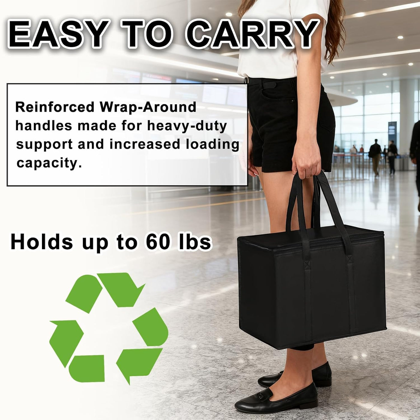 JNYONG 2 Pack Insulated Reusable Grocery Shopping Bags with zippered top,Food Delivery Bag,Collapsible Cooler Bag for Frozen Foods