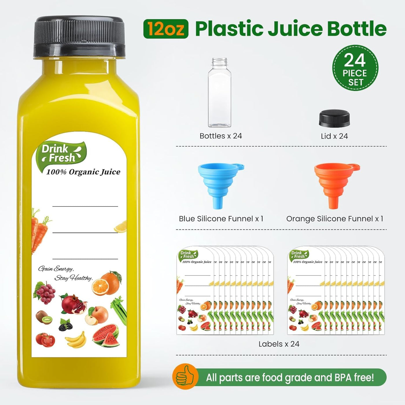 24 PACK, 12 OZ Reusable Thicker Plastic Juice Bottles with Caps, Plus 24 Labels & 2 Funnels - Clear Juicing Bottles for Juice, Smoothies, Ginger, Tea, Coffee -Food Grade & Travel Leakproof & Freezable