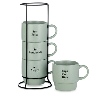 Signature Housewares Stackable Coffee Mug Tower Set with Metal Wire Rack - 15 Ounce Coffee Mugs for Coffee, Tea, Cocoa, Milk, Cappuccino, Hot Chocolate Set of 4 - Be Happy Matte Black