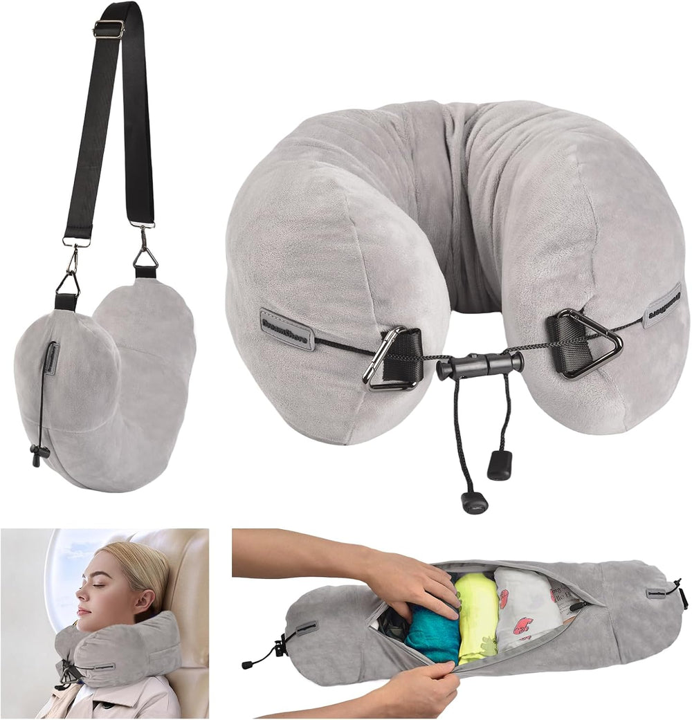 DreamShore Travel Pillow for Extra Luggage: Stuffable Neck Pillow with Adjustable Neck Size | Fits 3+ Days of Travel Essentials | Transformable Carry-On Solution | Soft Velvet Cover | No Filler