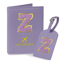COSHAYSOO Purple Passport Cover Holder and Initial Luggage Tag Set TSA Approved with Personalized Monogram Chenille Letter Patch for Women Teen Girls, Cute Travel Bag Suitcase Identifier (A)