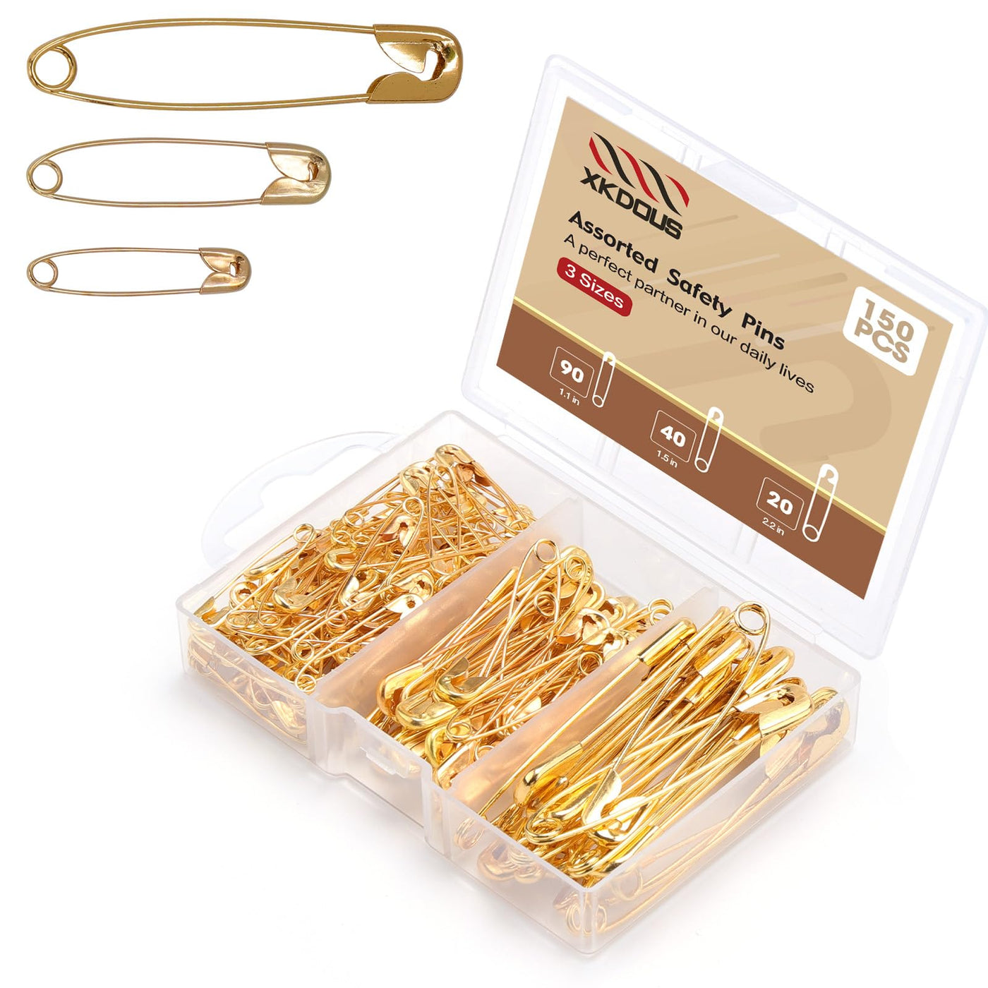 XKDOUS 3 Most Universal Safety Pins Assorted Sizes, Small & Large Safety Pins for Clothes, 150 Pack Silver Sharp Edge Pins for Clothing, Sewing & Craft Supplies