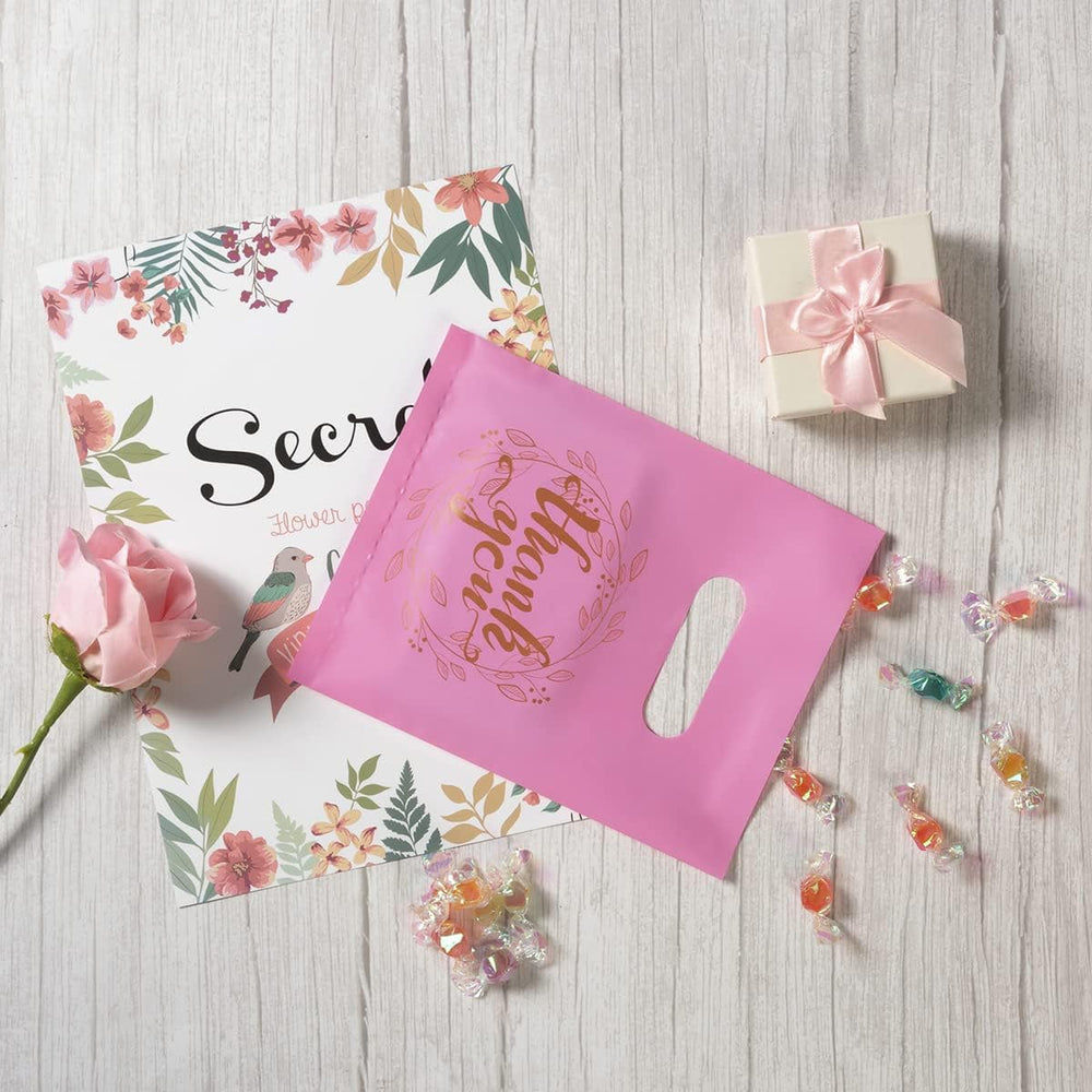 Wishop 100 Pieces Pink Thank You Merchandise Bags Party Gift Bags Candy Bags for Boutique, Retail, Gift Bags, Clothes, Party Favors (Pink/Gold, 6.3x7.9 Inches)