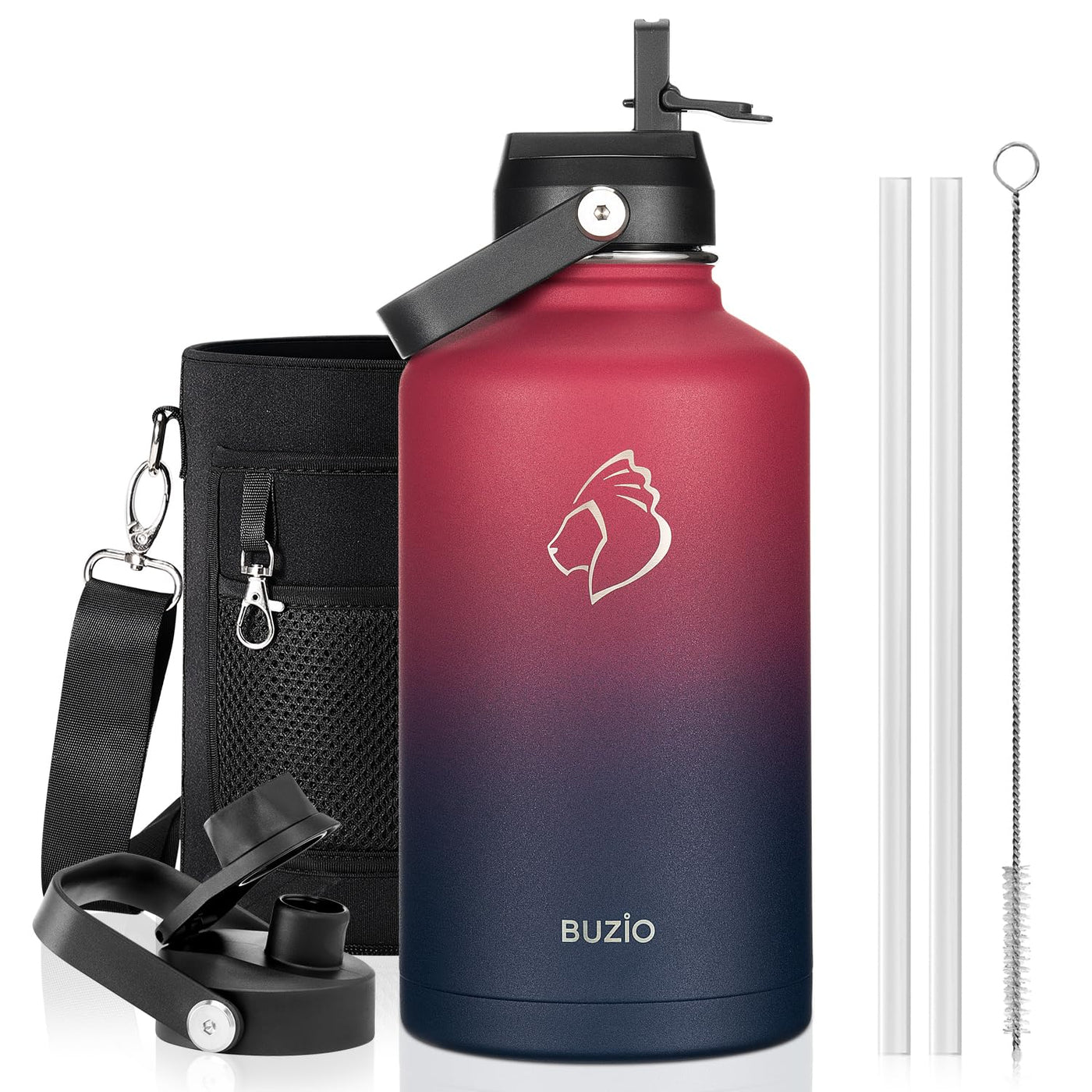 BUZIO 40oz Insulated Water Bottle, Triple Wall Vacuum Stainless Steel Water Flask with 2 lids, Lead-Free BPA-Free Straw Lid Sports Canteen Jug, Cold 48H & Hot 24H- Black