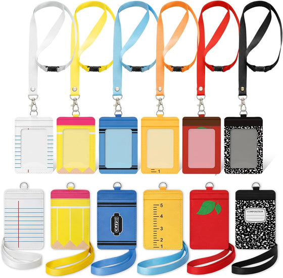 Harloon 6 Pcs Teacher ID Badge Holder with Lanyard Back to School Teacher Gifts Bulk PU Cute Composition Notebook Pencil Crayon Apple ID Badge Holder for First Day of School Stuff Office Gifts Decor