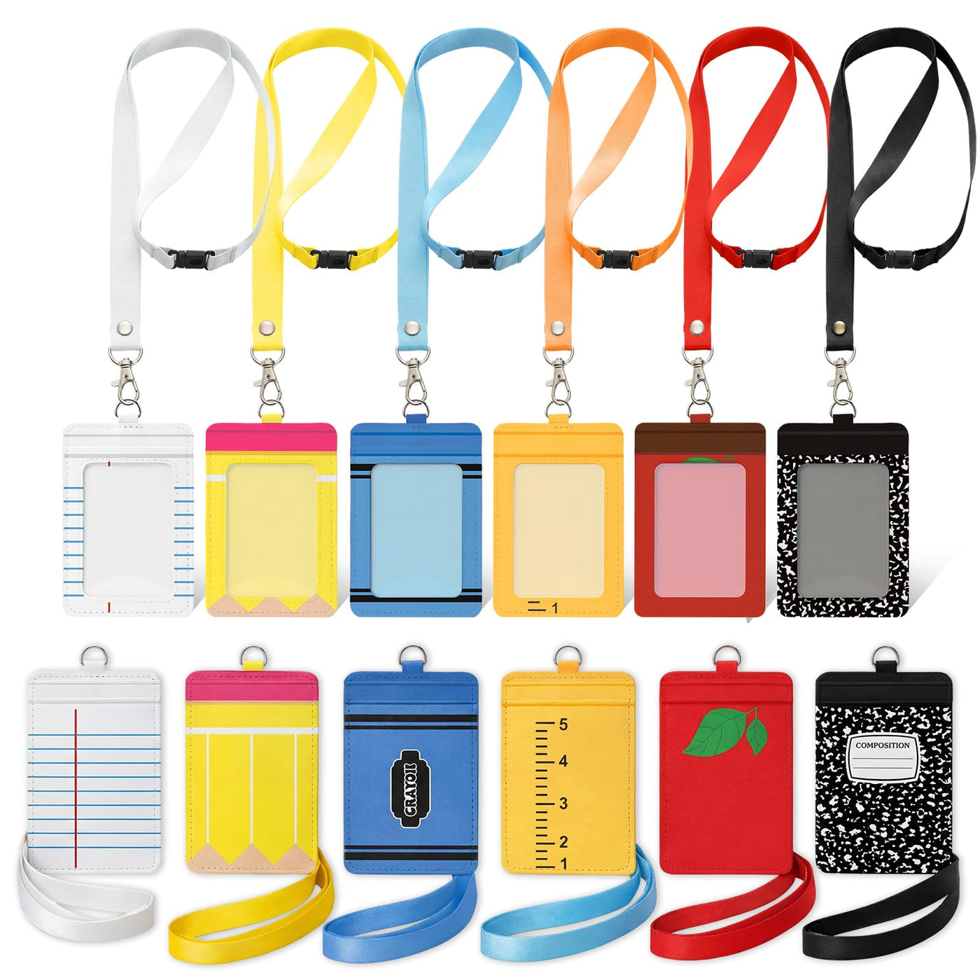 Harloon 6 Pcs Teacher ID Badge Holder with Lanyard Back to School Teacher Gifts Bulk PU Cute Composition Notebook Pencil Crayon Apple ID Badge Holder for First Day of School Stuff Office Gifts Decor