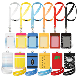 Harloon 6 Pcs Teacher ID Badge Holder with Lanyard Back to School Teacher Gifts Bulk PU Cute Composition Notebook Pencil Crayon Apple ID Badge Holder for First Day of School Stuff Office Gifts Decor