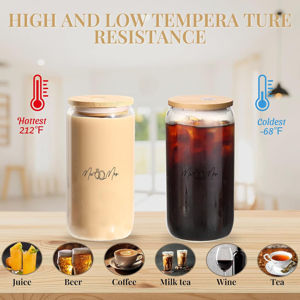 Mr. & Mrs. Glass Tumbler Set, 16oz Glass Cups with Bamboo Lids, Straws & Coasters, Bridal Shower & Wedding Thank You Gift for Couples