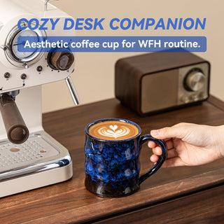 Dehua Artisan 15 oz Ceramic Coffee Mug with Large Handle, Unique Reactive Glaze Coffee Cup for WFH Office, Cozy Holiday Gift for Men Women, Blue
