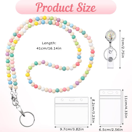 Lanyards for ID Badges Teacher Gifts Cute Wooden Beaded Lanyard with ID Holder Retractable Badge Reel Keys Eyeglass Chains for Women - hover image