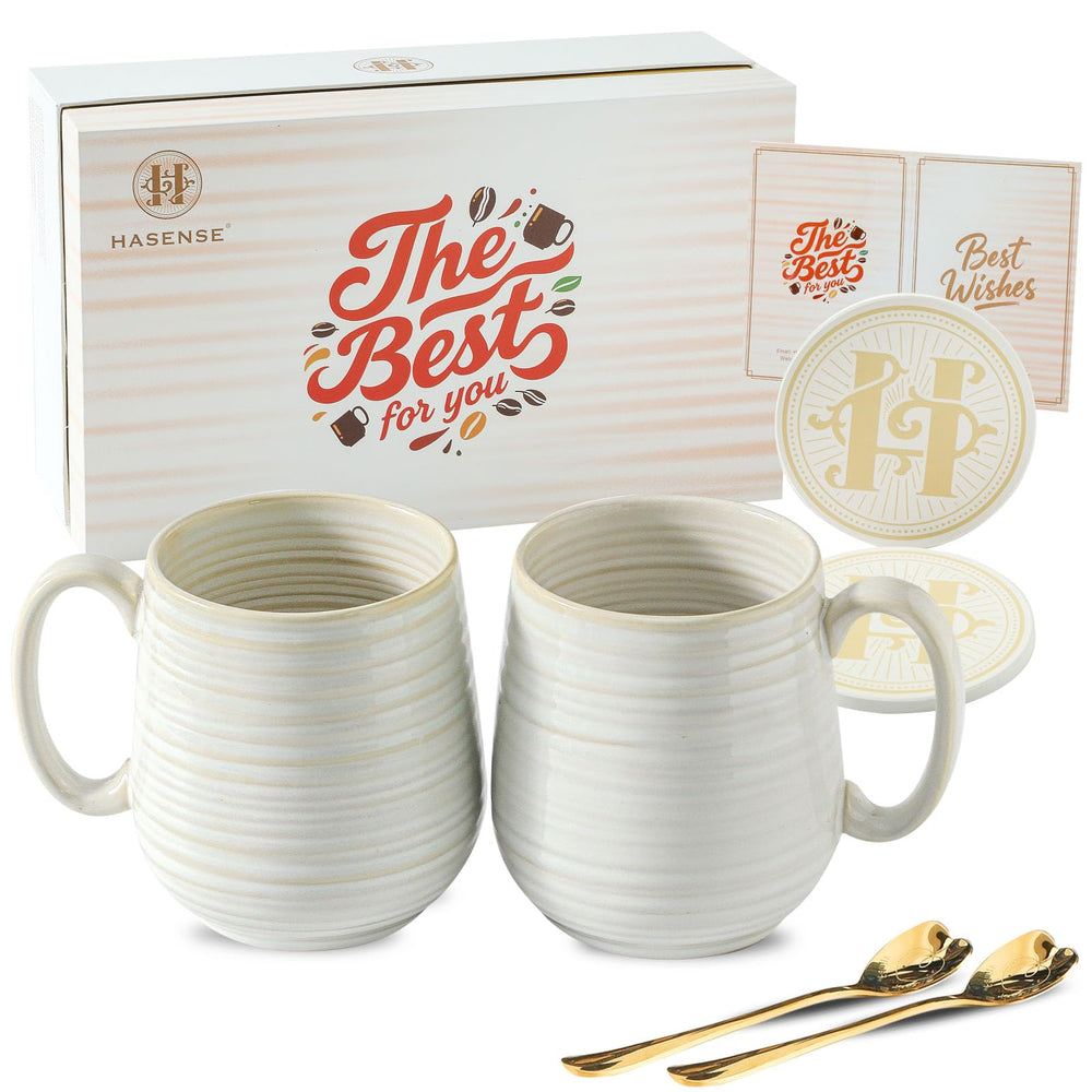 HASENSE Coffee Mugs Gift Set, 20 oz Ceramic Coffee Cups for Men and Women, Premium Large Tea Cups Gift Box with Coaster & Gold Spoon, Blue Couple Mugs for Wedding Holiday