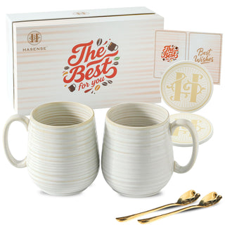 HASENSE Coffee Mugs Gift Set, 20 oz Ceramic Coffee Cups for Men and Women, Premium Large Tea Cups Gift Box with Coaster & Gold Spoon, Blue Couple Mugs for Wedding Holiday