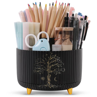 SKYDUE 360 Rotating Plastic Desk Pen Organizer with 5 Slots, Dual-Purpose Art Supply Pencil Cup for Office, School, Home
