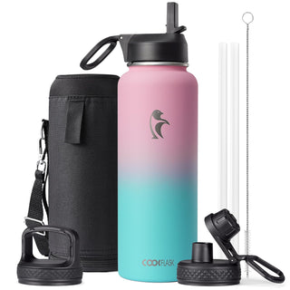 Water Bottle 40 oz Insulated with Straw&Brush, Coolflask Vaccum Stainless Steel Metal 3 Lids Water Flask for Sports, Gym or Office, Keep Cold 48H Hot 24H, Magic Black
